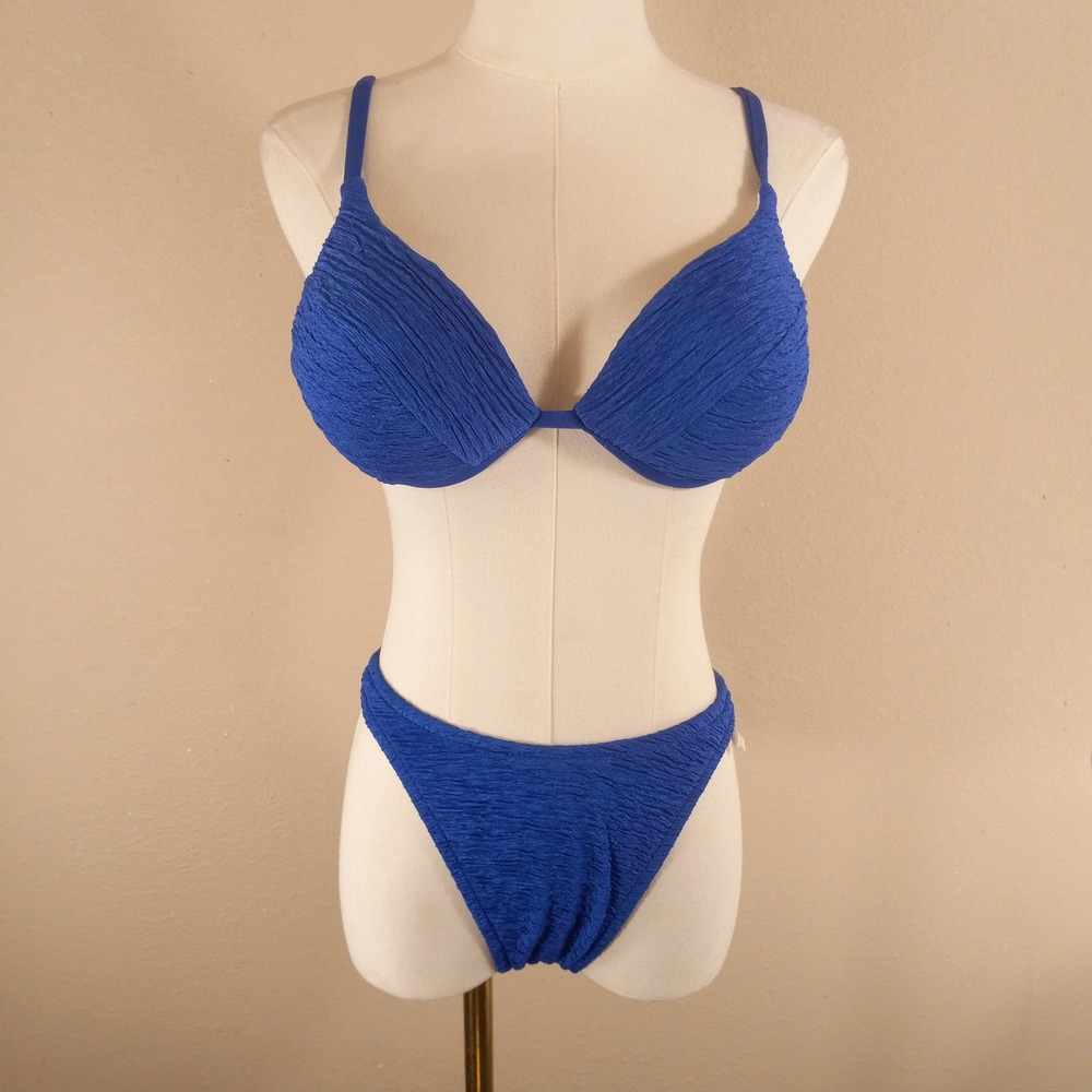 Vintage Backflips Blue Crinkle Bikini Set High Cut 90s Swimsuit NWT Size 5/6